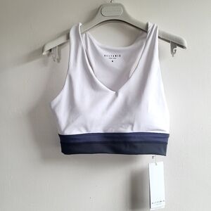 New All Fenix Mia V-Neckline Racerback Stripe White/Navy Sports Bra NWT Medium